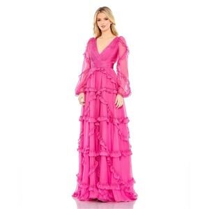 Mac Duggal A68223 Cascaded Ruffles Puff Sleeve Gown